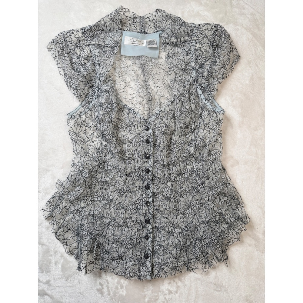 Black and white Floral Lace Button Peplum Blouse Cap Sleeve, romantic Victorian, - Picture 4 of 11